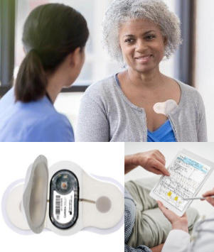 Picture of a female nurse talking to a female patient who is wearing the Cardea SOLO disposable wearable ECG sensor.